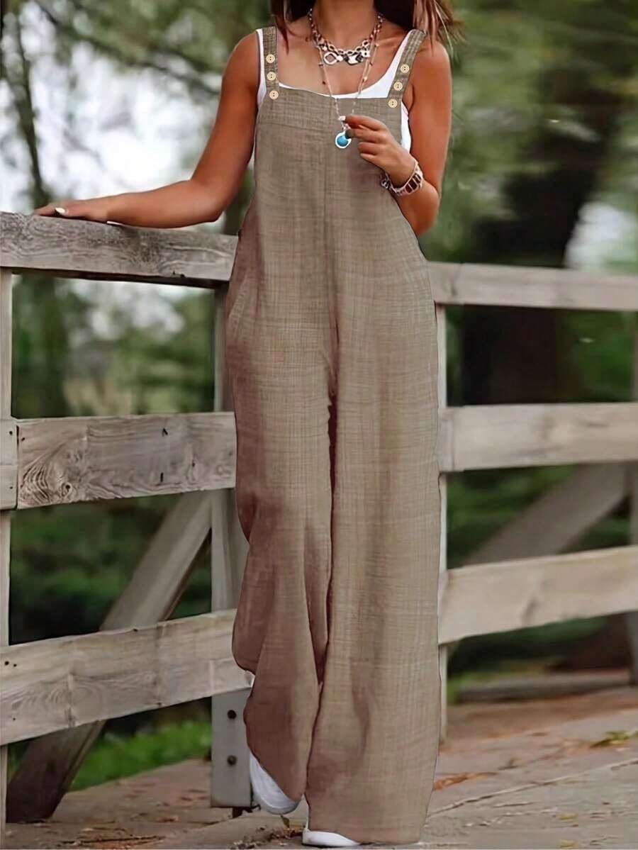 Euro/American Style Women Spaghetti Strap Button Pocket Jumpsuit - 卡其色 - 查看 1