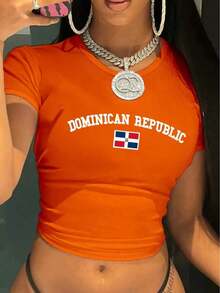Hot Hour  New Crop Top With Round Neck And Short Sleeves Dominican Republic Letter Print Women's Casual Simple Fitted Short Crop Top - 橘紅色 - 查看 12