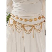 2pcs Vintage Boho Style Daisy Petal & Flower Design With Multi-Layer Coin Belly Chain, Sexy Arabian Tassel Waist Chain, Suitable For Beach, Holiday, Party Wear, Halloween, Campus Autumn, Autumn - 黃金 2 件 - 查看 6