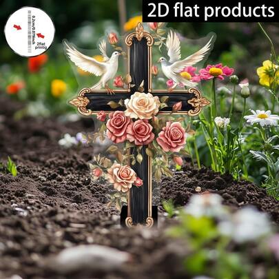 2D Flat, 1 Piece, 2D Flat, Vintage Cross Rose, Flowerpot Decor Sign, Acrylic Garden Decor Stake, Suitable For Windproof And Waterproof Outdoor Ground Insertion Decoration For Potted Plants, Lawns, Patios, Whimsical Yard Art, Gift For Friends, 2D Flat