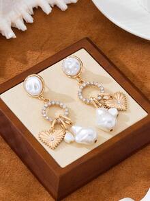 一对时尚水钻仿珍珠心形吊坠耳环，适合女士参加派对、聚会、日常佩戴，百搭礼物。 - 金黃色 - 查看 4