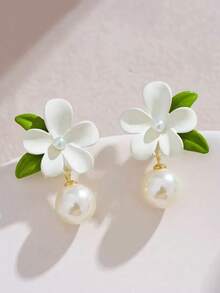 1对清新白色栀子花耳环，法式优雅仿珍珠吊坠耳环，女士款 - 白色 - 查看 9