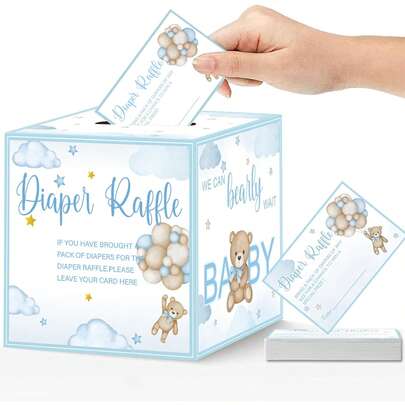 泰迪熊尿布抽奖券，适用于婴儿派对，50张尿布抽奖卡带抽奖盒，婴儿派对游戏用品，男女宝宝性别揭晓派对