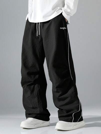 Men's Casual Pants, Solid Color Bubble Fabric Elastic Waist Loose Straight Leg Trousers, Suitable For Spring, Autumn And Summer Casual/Sports Wear