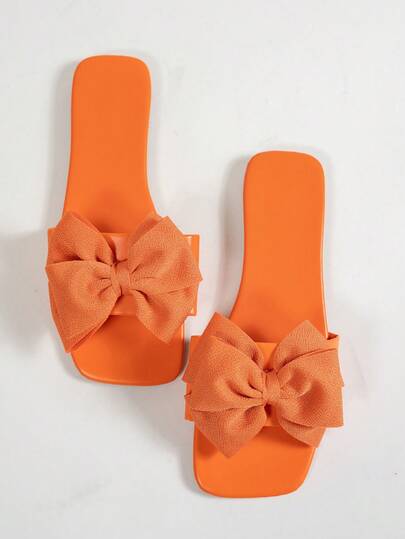 Women's New Flat Plus Size Wide Sandals, Fashion Flat Sandals With Square Toe And Bow Design, Solid Color Elegant Lady And Girl Casual Style French Romantic, High-End Design, Suitable For Party, Beach, Date, Daily Casual Wear, Open Toe Non-Slip Lightweight Indoor And Outdoor Versatile Flat Slippers, Suitable For Wide Feet And Plus Size Ladies