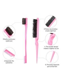 3pcs Hair Styling Brush Set, Teasing Brush, Rat Tail Comb, Edge Brush For Smoothing And Styling Hair - Pink - View 5