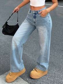 女士高腰宽松直筒牛仔裤，优雅休闲，简约学院风 - 淺藍色 - 查看 3