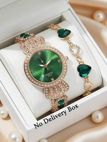 2件套绿色时尚女士手表套装，奢华圆形表盘石英表，心形手链，适合日常穿搭或节日礼物，适合日常佩戴