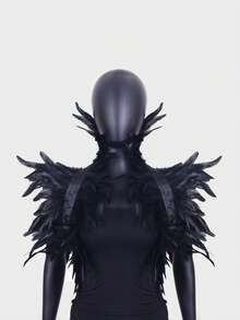 1根天然黑色羽毛，手工多层缝制，搭配弹性肩带，蓬松的3D羽毛设计，厚实质感，层次分明，颈部和肩部的羽毛延伸部分模仿乌鸦/恶魔的翅膀形状 - 彩色 - 查看 11