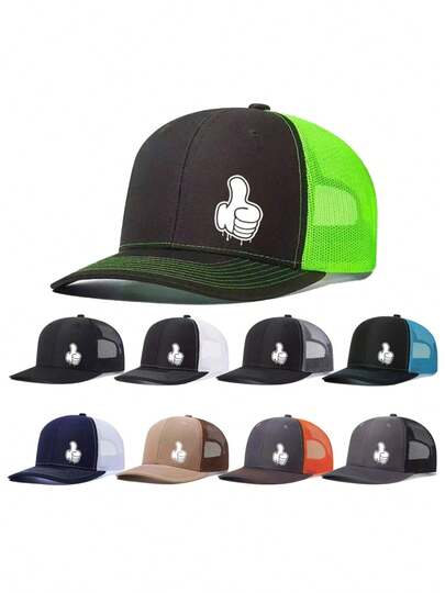1顶男女通用棒球帽，拇指图案印花，网眼帽，男女通用，Richardson款，略微弯曲帽檐，可调节，卡车帽，老爹帽，户外网眼透气遮阳帽，圣诞礼物
