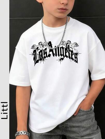 Tween Boy Casual White Round-Neck Short Sleeve T-Shirt With Letter Print, Summer