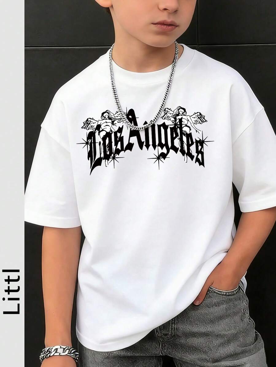 Tween Boy Casual White Round-Neck Short Sleeve T-Shirt With Letter Print, Summer - White - View 1