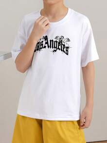 Tween Boy Casual White Round-Neck Short Sleeve T-Shirt With Letter Print, Summer - White - View 2