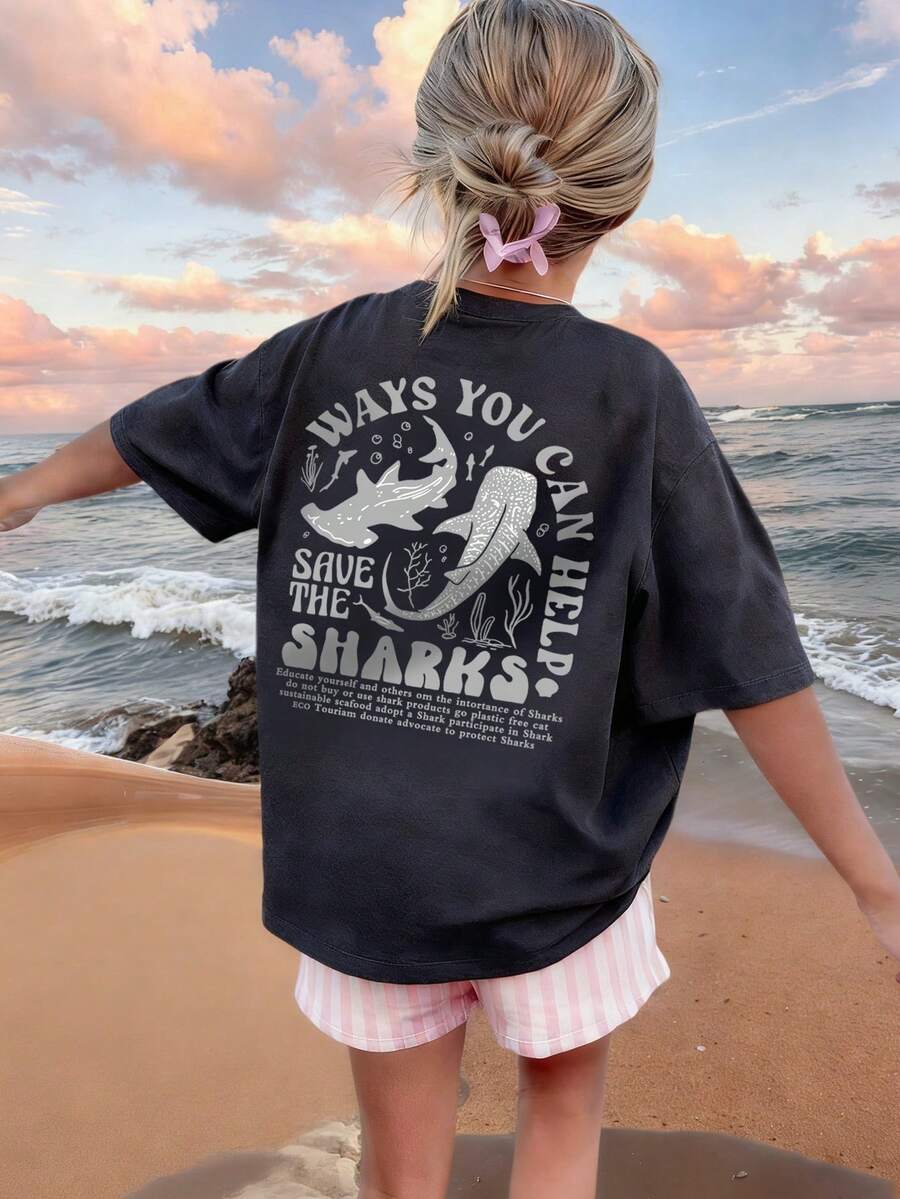 Áo thun tay ngắn cổ tròn in họa tiết thường ngày màu xám đậm cho bé gái tuổi mới lớn, áo mùa hè - Màu xám đen - Xem 1