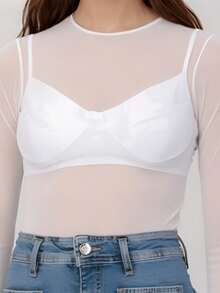 Round Neck Tulle Blouse With Long Sleeves, Transparent Knit Fabric, No Bra, Various Colors. - trắng - Xem 2