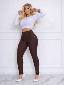 Women's High-Waisted Shaping Riding Leggings With Pockets, Roma Knit - 鏽棕色 - 查看 5