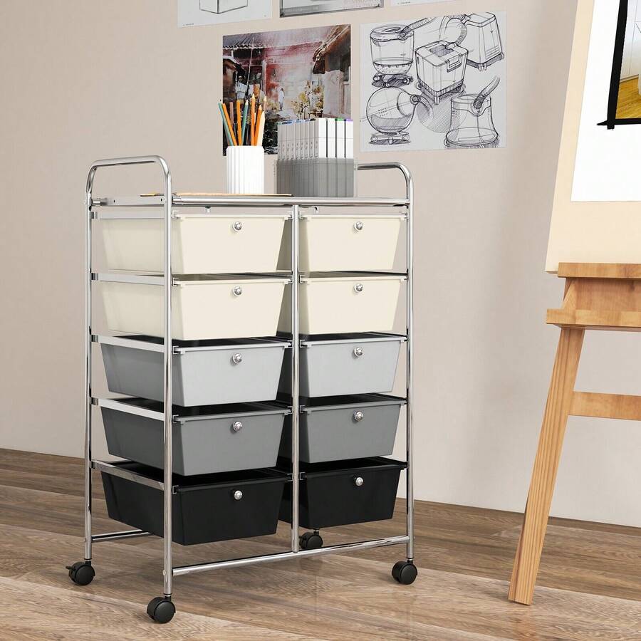 COSTWAY 10-Drawer Rolling Storage Cart With Universal Casters, Mobile Organizer With Handles & Removable Drawers, Utility Trolley For Kitchen, Living Room, Office, Colorful - Multicolor - View 1