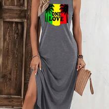 Women's Sleeveless Graphic Print Tank Dress - ONE LOVE Palm Tree & Rastafarian Color Stripe Design, Casual Round Neck With Pockets, Medium Stretch Machine Washable All-Season Comfort, Tank Top Dress, Everyday Fashion, Vibrant Design, Mediumstretch Fabric - 黑色 - 查看 3