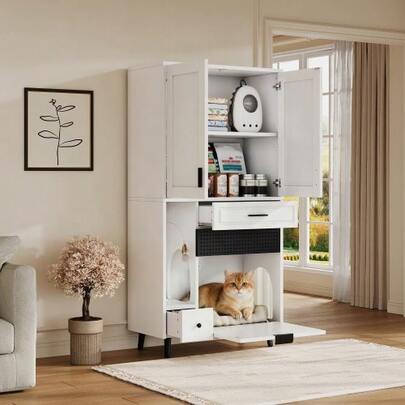 Multifunctional Cat Storage Cabinet – Sturdy Construction With Compartmentalized Storage, Movable Shelves, Drawers And Cat Bed Area; Perfect Cozy Activity Area For Cats