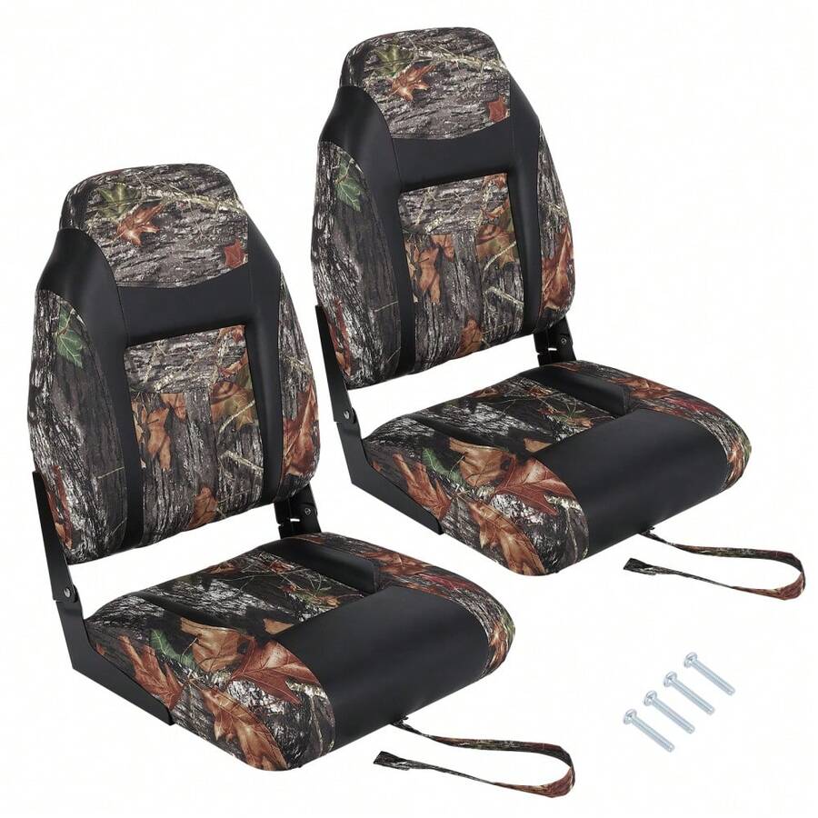 Juego de 2 asientos plegables para barco con respaldo alto, Cojín grueso y estructura plástica moldeada, Resistente al agua e intemperie, Ideal para pesca, paseos y lanchas rápidas - parches de cuero de camuflaje - Ver 1