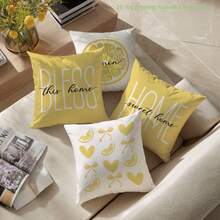 4入黃色背景蝴蝶結愛心檸檬 HOME Sweet Home & BLESS This Home 溫馨標語印花枕套 [不含枕芯]，40*40cm/45*45cm/50*50cm，[單面印刷] 聚酯纖維材質黃白對比靠墊套，客廳、臥室、沙發、床、汽車、辦公室、飯店室內裝飾，四季適用，送給家人朋友的完美禮物 - 彩色 - 查看 11