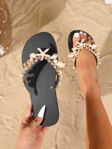 Evertop Surf Women's Fashion Flip Flops, Beach Shell Beaded Decor Chain, Soft Bottom Thong Sandals, Beach Holiday Slippers, Removable Decor Chain Original Design - Black - View 3