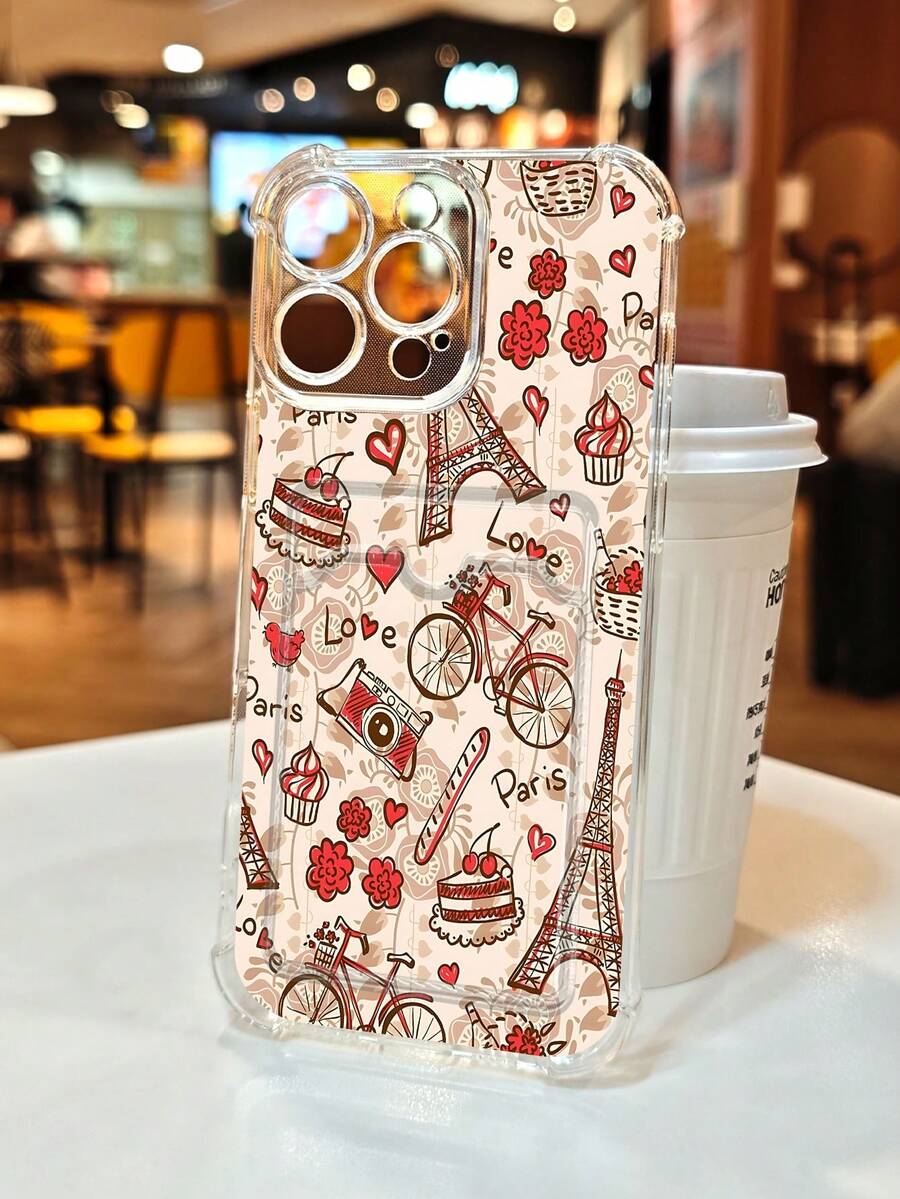 1PC Diseño romántico de estilo francés con dibujo a mano de la Torre Eiffel y bicicletas: Funda transparente tipo billetera, protección completa para la cámara, compatible con iPhone 17/16/15/14/13/12/11/Pro/ProMax, compatible con Galaxy A54/S24 Ultra/Plus, compatible con Moto/Galaxy/Redmi/Honor/OPPO, a prueba de golpes y almacenamiento, diseño minimalista - transparente - Ver 1