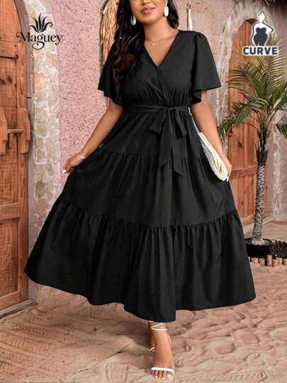 Elegante Vestidos Largo de Talla Grande para Fiestas, Con Puños Y Dobladillo Con Volantes, Escote En V Con Detalle de Lazo, Adecuado para Uso Diario Informal Y Fiestas