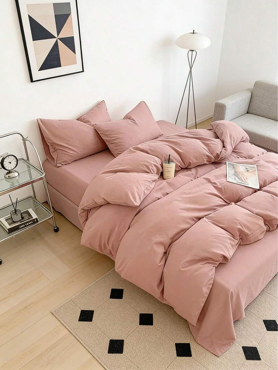 2/3 Piece Nordic Luxury Silky Solid Duvet Cover Set (Duvet Insert Not Included), Multiple Colors Available, Non-Pilling And Non-Deformation, Soft And Skin-Friendly, Protects Sleep, Handwash And Machine Washable, Bedding Set Suitable For Dorm, Single/Double Dorm, Hostel Beds, King Size Beds, Ideal Wedding Gift, Easter - Pink - View 1