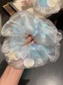 海洋星贝壳双层纱布细闪20厘米大号发圈，纤细款女士大号发圈，欧根纱纯色优雅高端发饰发圈，超仙气双面欧根纱马尾发圈，适合日常使用、节日、派对活动、度假旅行、海边，节日送给女孩的礼物，发饰发圈 - 藍色 - 查看 3