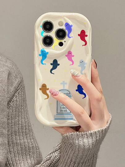 Ghost Painting Cream Wavy Edge Minimalist Shockproof Thick Phone Protective Case With Printed Design, Suitable For IPhone 17/17 Pro/17 Pro Max, 16 XR/7/8, 15 Pro Max, 13/14 Pro Max, 11/12/14, Galaxy A13 4G, A22, A21S, A51 4G, A52, S22 Ultra, A33 5G, A34, A35, 10, Note 11 4G, 11 Lite, A53, A14, A23, S23 Ultra, S24, A14, A15, S23, A73, A55, A54