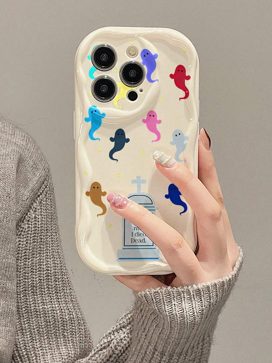 Ghost Painting Cream Wavy Edge Minimalist Shockproof Thick Phone Protective Case With Printed Design, Suitable For IPhone 17/17 Pro/17 Pro Max, 16 XR/7/8, 15 Pro Max, 13/14 Pro Max, 11/12/14, Galaxy A13 4G, A22, A21S, A51 4G, A52, S22 Ultra, A33 5G, A34, A35, 10, Note 11 4G, 11 Lite, A53, A14, A23, S23 Ultra, S24, A14, A15, S23, A73, A55, A54 - Multicolor - View 1