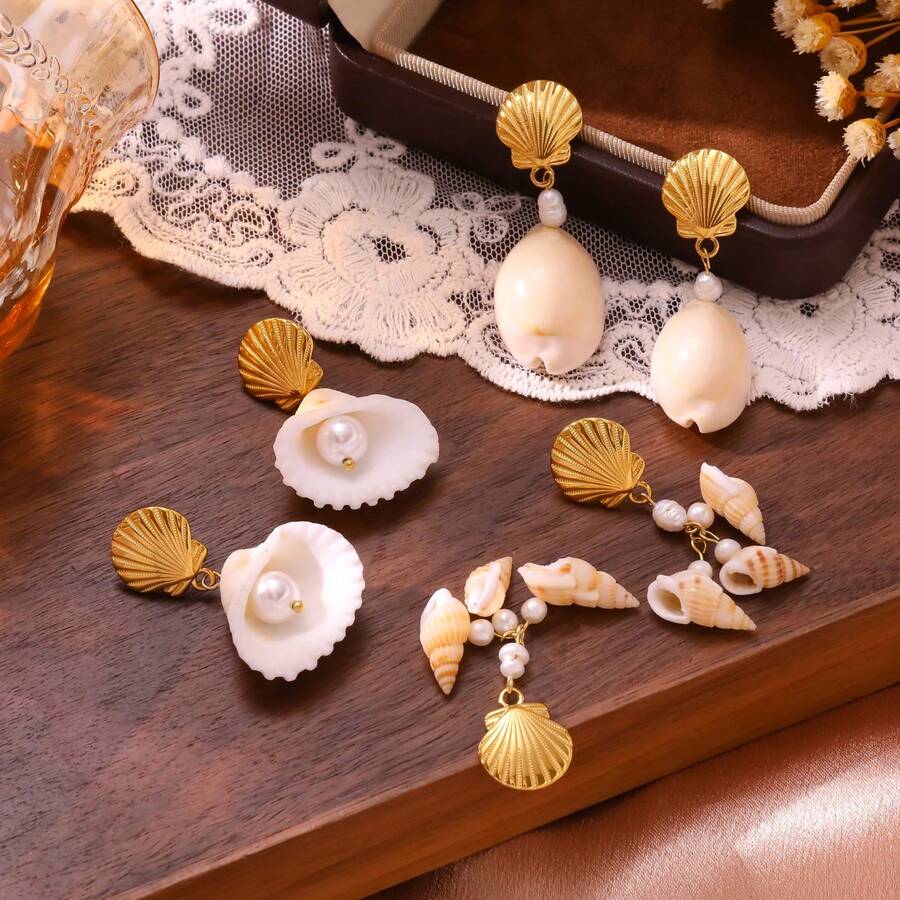 2件套时尚简约夏季海滩度假百搭不锈钢优雅海洋吊坠和珍珠耳环，女士款 - 彩色 - 查看 1