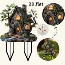 1/2个亚克力童话树屋花园插牌，波西米亚风格，带灯光和树叶造型设计，适用于户外草坪装饰、花盆、花园装饰，无需电源，2D - 多色 - 查看 8