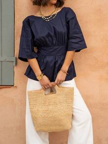 女士时尚露背系带蝴蝶结半袖圆领上衣，常规下摆，梭织面料，适合夏季穿着 - 寶藍色 - 查看 2