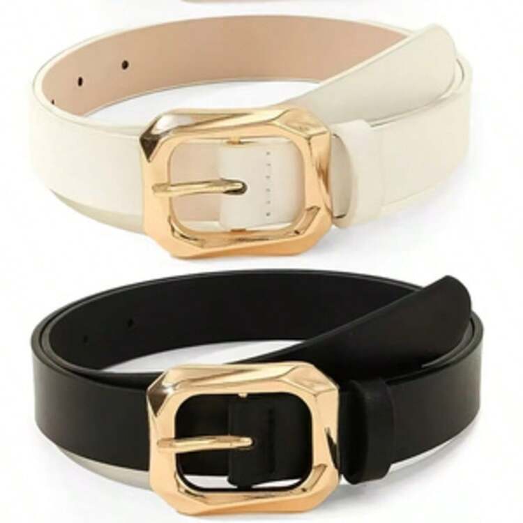 方形金属扣休闲设计PU皮革腰带，女士适用，适合工作场合、万圣节、圣诞节等场合。 - 黑色 - 查看 3