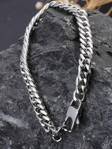 1pc Thick Cuban Link Bracelet, Stainless Steel Minimalist Geometric Bracelet/Earrings, Versatile Elegant Luxury Vibe, Suitable For Daily Wear, Party, Gift For Friends, Material, Timeless Classic Element, High-Quality Minimalist Style For Daily Wear - Bracelet - View 2