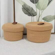 Panier de rangement tressé rond avec couvercle, panier de rangement décoratif multifonctionnel pour le bureau pour les collations, les serviettes, les plantes, les jouets, les cosmétiques, la décoration de la maison, un excellent cadeau pour les femmes à Pâques - Blanc - Voir 9