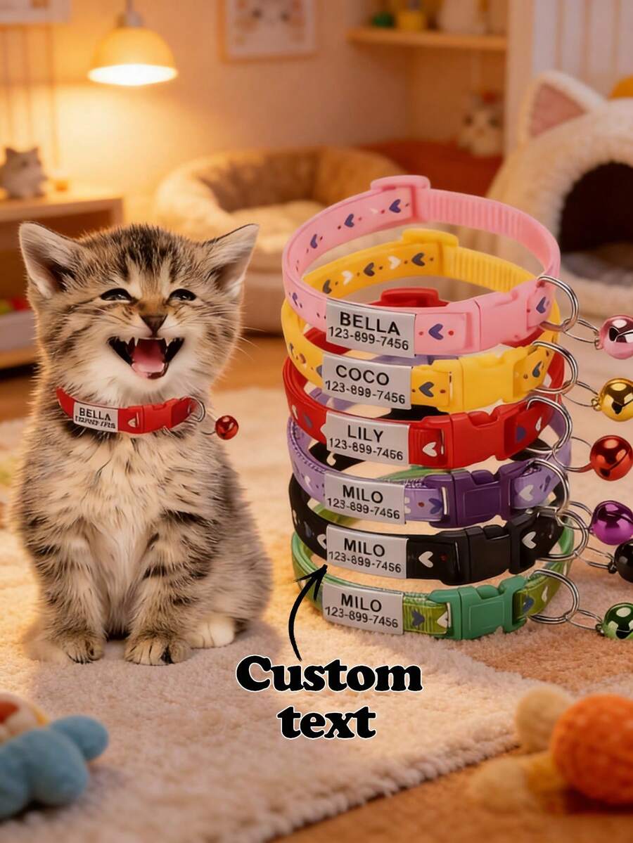 1pc Customized Cat Collar, Cute Pet Cat Collar With Engraved Pet Name Pendant, Perfect Gift For Pets - Multicolor - View 1