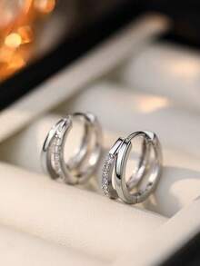 1对优雅耳环 - 时尚与精致的完美融合，双层设计，适合年轻女士和学生佩戴，铜质微镶嵌耳环 - 銀色 - 查看 6