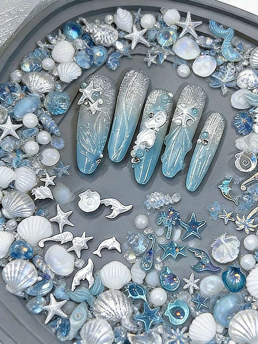 50件夏季海洋主題美甲樹脂裝飾，3D海星貝殼海豚魚尾美甲鑽飾，適合女性美甲裝飾，夏季海灘美甲用品美甲飾品