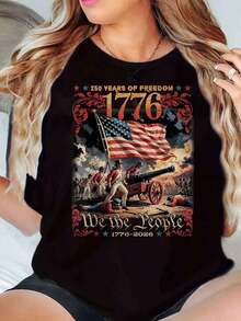 1 Piece Women's T-Shirt With Graphic Print Of The American Flag, Revolutionary Soldiers, 1776, "We The People", 250 Years Of Freedom, Independence Day Anniversary, For Daily Wear, Crew Neck, Short Sleeve, Soft And Comfortable, 180g, 100% Soft Cotton - 黑色 - 查看 1