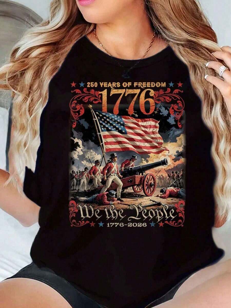 1 Piece Women's T-Shirt With Graphic Print Of The American Flag, Revolutionary Soldiers, 1776, "We The People", 250 Years Of Freedom, Independence Day Anniversary, For Daily Wear, Crew Neck, Short Sleeve, Soft And Comfortable, 180g, 100% Soft Cotton - 黑色 - 查看 1