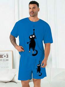 Plus Size Men's Pajama Set | Round Neck Short Sleeve Top And Elastic Waist Casual Shorts 2 Pieces Set | Polyester Knit Fabric Soft And Breathable Loose Fit | Cute Climbing Cat Pattern Print Casual Design - Royal Blue - View 7