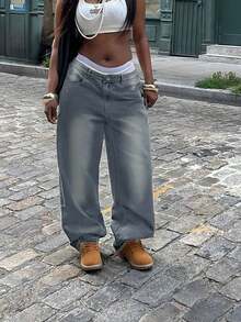 Women's Y2K Washed Vintage Wide Leg Jeans, Casual Vacation Style Spring - Gray - View 4