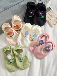 5 Pairs Women Floral Pattern Invisible Socks, Comfortable Breathable Suitable For All Seasons, Random Colors - Multicolor - View 5