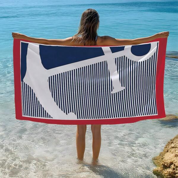 1条夏季航海风藏蓝色锚图案沙滩巾/浴巾，单面印花，吸水性强，速干，超柔软纤维，可作沙滩巾、防晒披肩、瑜伽垫、便携式假日沙滩泳池运动毛巾、亲肤柔软礼品毛巾、轻便浴室沙滩巾