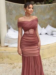 Vestido de noche elegante de gasa con pliegues, convertible con hombros descubiertos, estilo sirena con sujetador incorporado, color rosa primaveral para fiesta y boda - Rosa - Ver 9