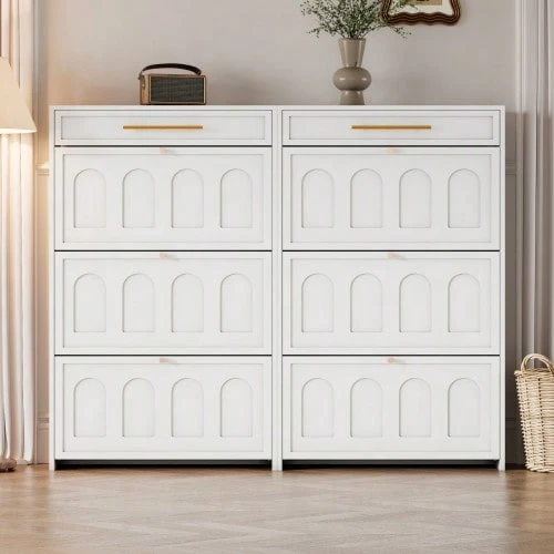 2-Piece Set Of Modern Shoe Cabinets/Shoe Racks, With 12 Compartments, 2 Drawers, Shoe Cabinets/High Shoe Storage Units, Can Be Placed In Hallways, Doorways, Living Rooms And Offices, MDF, White - White - View 1