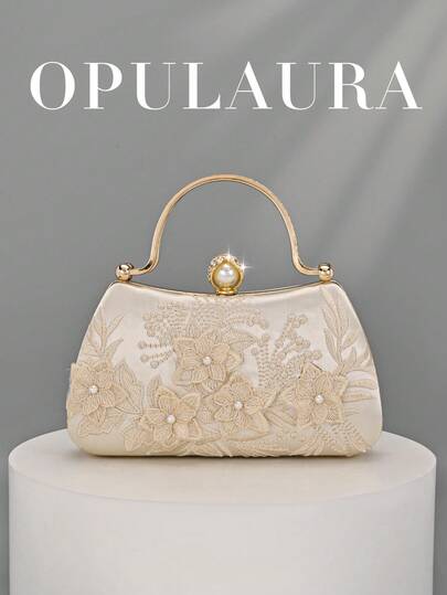 OpulAura 象牙色刺绣花卉图案单肩包，复古旗袍包，仙女手拿包，宴会包，伴娘包，新娘包，方形包，晚宴包，珍珠手拿包，亮片串珠包，正式礼服包，链条单肩包